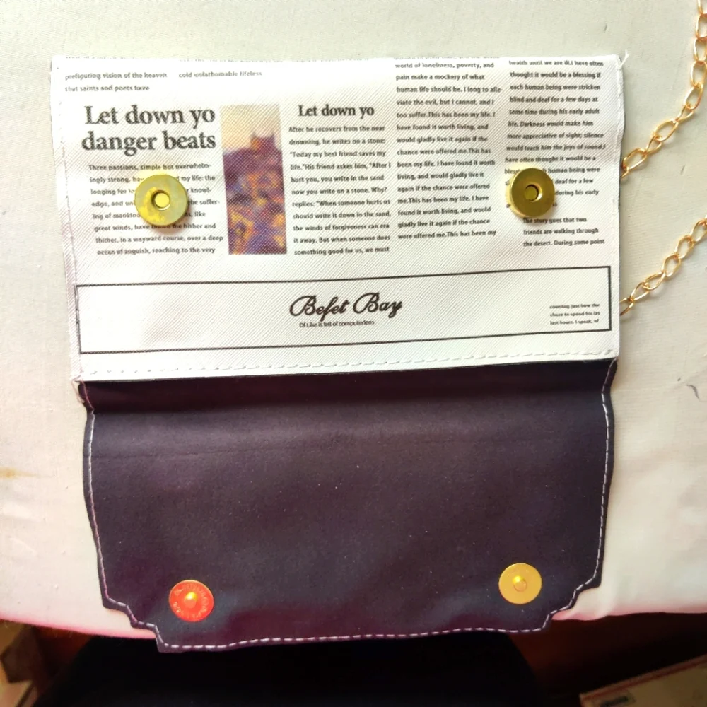 Newspaper Print Flap Crossbody Purse, Clutch, Snap Added Gold Chain New! 8" X 5" - Picture 17 of 17
